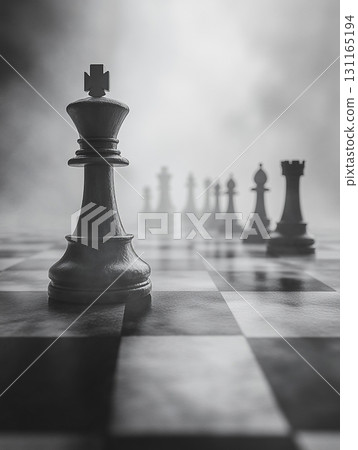 A close-up of a king chess piece on a chessboard, with other chess pieces blurred in the background, highlighting the importance and dominance of the king in the game of chess. 131165194