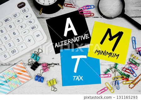 AMT abbreviation of Alternative Minimum Tax text phrase of business and financial concept 131165293