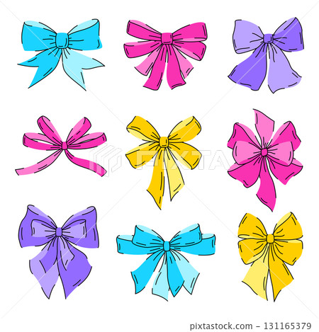 Satin bow illustration. Ribbon with knot for gift card and design. Satin bow illustration. Ribbon with knot for gift card and design. 131165379