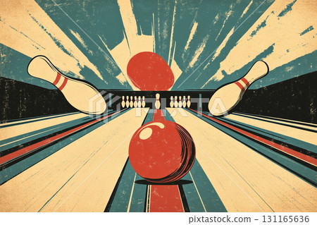 A red bowling ball is centered amidst white pins, set against a retro sunburst backdrop with blue and red hues. 131165636