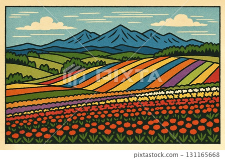 Hills, flower fields, Hokkaido image, woodblock print style Hills, flower fields, Hokkaido image, woodblock print style 131165668