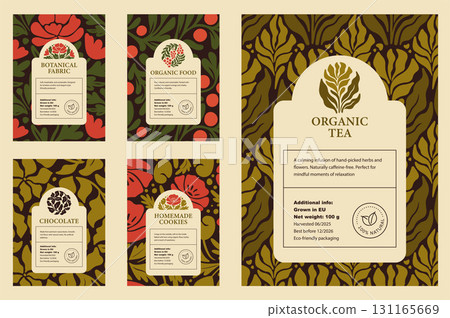 Organic Food Label Templates. Botanical Patterns with logo for Chocolate, Cookies, Tea and Eco Packaging Design in a vector illustration Organic Food Label Templates. Botanical Patterns with logo for Chocolate, Cookies, Tea and Eco Packaging Design in a vector illustration 131165669