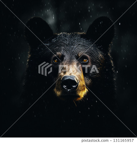 A close-up portrait of a black bear with wet fur, featuring striking amber eyes, against a dark, rainy backdrop. 131165957