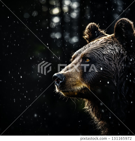 A close-up portrait of a black bear with wet fur, featuring striking amber eyes, against a dark, rainy backdrop. A close-up portrait of a black bear with wet fur, featuring striking amber eyes, against a dark, rainy backdrop. 131165972