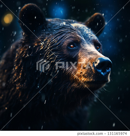 A close-up portrait of a black bear with wet fur, featuring striking amber eyes, against a dark, rainy backdrop. A close-up portrait of a black bear with wet fur, featuring striking amber eyes, against a dark, rainy backdrop. 131165974