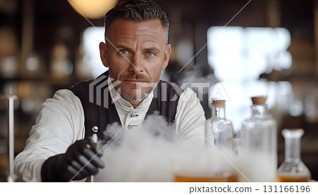 Scientist conducting experiment with dry ice creating a smoky effect Scientist conducting experiment with dry ice creating a smoky effect 131166196