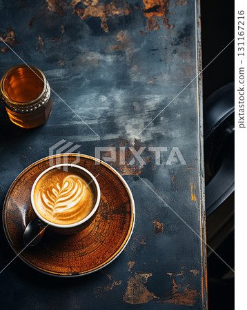A cup of coffee adorned with detailed latte art sits on a dark saucer atop a rustic wooden table, surrounded by scattered coffee grounds for a cozy, artistic vibe. 131167216