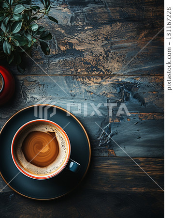 A cup of coffee adorned with detailed latte art sits on a dark saucer atop a rustic wooden table, surrounded by scattered coffee grounds for a cozy, artistic vibe. 131167228