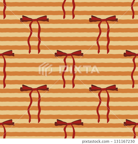 Ribbon bows vector seamless pattern. Trendy festive repeated design. Hand drawn modern red bowknots on wavy striped muted orange background for autumn celebration, Christmas, birthday party, textile 131167230