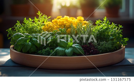 Sunlit herb and flower arrangement in terracotta pot 131167575
