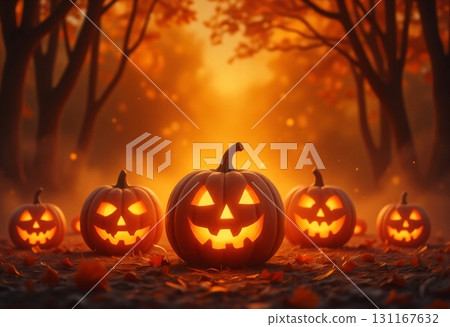 Halloween pumpkins glowing with scary faces in forest 131167632