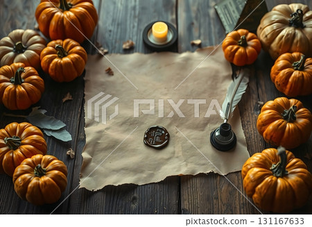 Halloween still life with pumpkins parchment candle and ink bottle 131167633