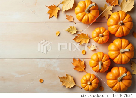 Autumn pumpkins with leaves arranged on rustic white table 131167634