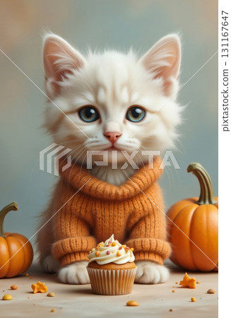 Cozy autumn stylish kitten and pumpkin in warm colors 131167647