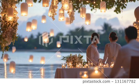 Yi Peng festival showing river lanterns and people at twilight, background 131167782