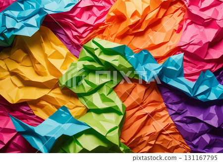 Close-up of a background made of bright multi-colored crumpled paper 131167795
