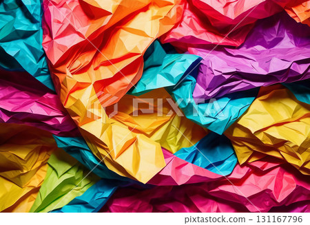 Close-up of a background made of bright multi-colored crumpled paper Close-up of a background made of bright multi-colored crumpled paper 131167796