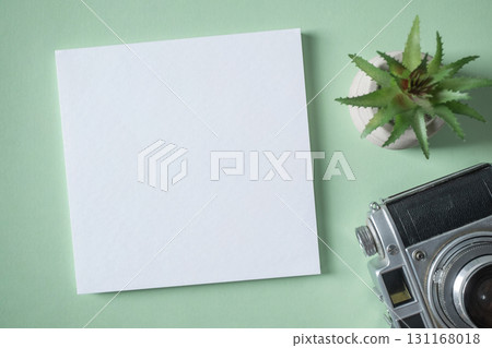 Empty white blank greeting or invitation card, vintage camera, cactus on green background. 131168018