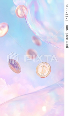Falling bitcoins concept with golden coins on blue background 131168240