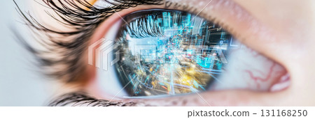 Human eye reflecting digital matrix concept, detailed closeup view 131168250