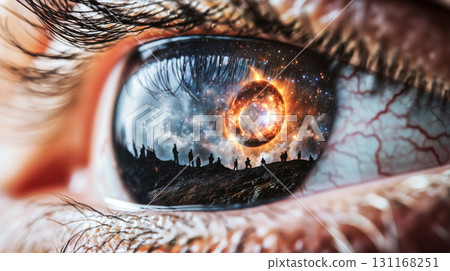 Apocalyptic scene in human eye closeup reflecting massive fire and sun Apocalyptic scene in human eye closeup reflecting massive fire and sun 131168251