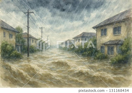 大雨，河水氾濫，洪水，住宅區，自然災害，水彩畫 131168434