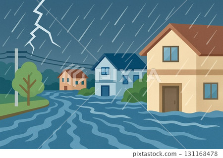 大雨、河水氾濫、洪水、住宅區、天災、向量圖 131168478