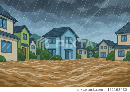 大雨，河流氾濫，洪水，住宅區，自然災害，動漫風格 131168480