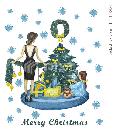 Watercolor Christmas card with christmas tree, christmas wreath, presents and girl. Watercolor illustration for greeting card and invitation. Winter holidays poster. 131168485