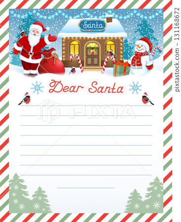 Santa letter template with wish list and funny Santa Claus and Snowman with gift box against winter forest background. 131168672