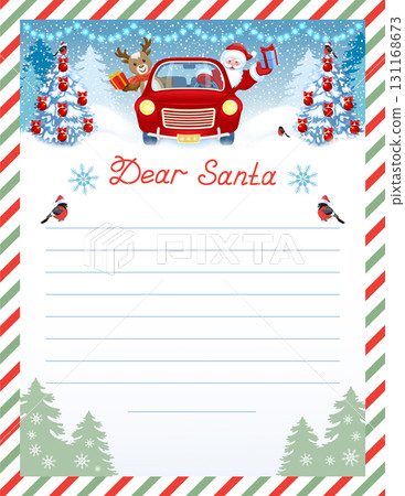 Santa letter template with wish list and cartoon Santa Claus and fawn deer in red vintage car with gift box against winter forest background. 131168673