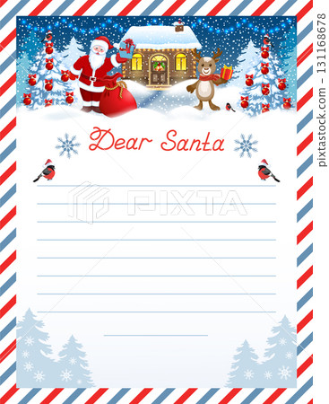 Santa letter template with wish list and funny Santa Claus and fawn deer  with gift box against winter forest and house workshop background. 131168678