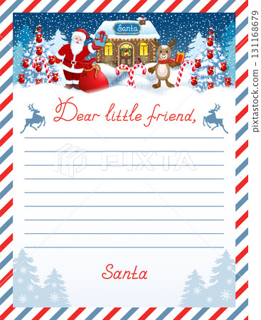 Layout letter from Santa Claus with inscription "Dear little friend" and cartoon funny Santa and fawn deer with gift box against winter forest and house workshop background. 131168679