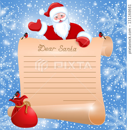 Layout letter on scroll parchment to Santa Claus with inscription "Dear Santa" and red bag. Christmas wish list. Layout letter on scroll parchment to Santa Claus with inscription "Dear Santa" and red bag. Christmas wish list. 131168681