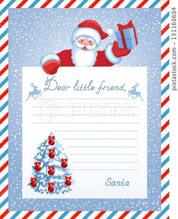 Layout letter template from Santa Claus with inscription "dear little friend". Santa's response to the Christmas wish list. 131168684