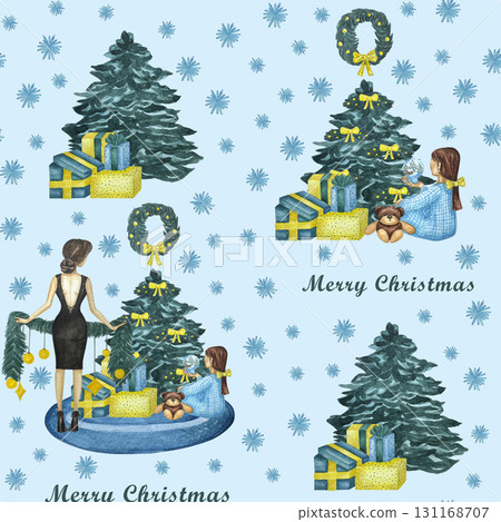 Watercolor Christmas seamless pattern, new year design background. Cute watercolor characters. Girl, woman, wreath, presents, christmas tree. Funny Xmas characters design. 131168707
