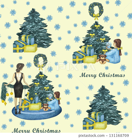 Watercolor Christmas seamless pattern, new year design background. Cute watercolor characters. Girl, woman, wreath, presents, christmas tree. Funny Xmas characters design. Watercolor Christmas seamless pattern, new year design background. Cute watercolor characters. Girl, woman, wreath, presents, christmas tree. Funny Xmas characters design. 131168709