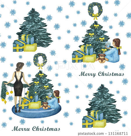 Watercolor Christmas seamless pattern, new year design background. Cute watercolor characters. Girl, woman, wreath, presents, christmas tree. Funny Xmas characters design. Watercolor Christmas seamless pattern, new year design background. Cute watercolor characters. Girl, woman, wreath, presents, christmas tree. Funny Xmas characters design. 131168711