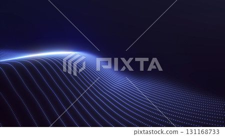 Abstract glowing wave of digital dots forming flowing neon lines on dark futuristic background. Dynamic motion and sci-fi technology concept. 131168733