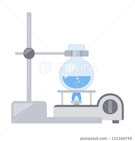 Illustration of a round-bottom flask being heated on a gas stove for science experiments Illustration of a round-bottom flask being heated on a gas stove for science experiments 131168749