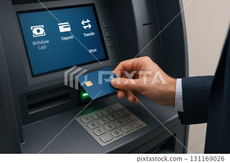 Man using ATM to withdraw cash, located in a bank lobby in the morning 131169026