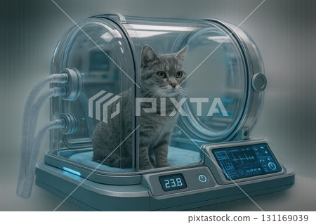 Cat in a high-tech medical incubator for recovery and treatment in a modern veterinary clinic setting 131169039