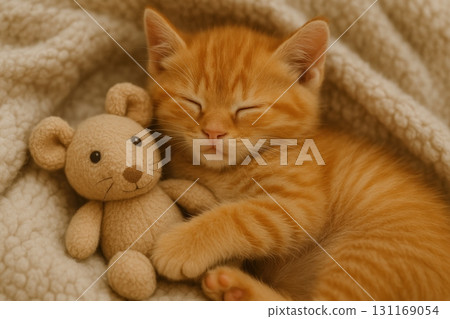 Cute orange kitten sleeps peacefully beside a stuffed animal on a soft blanket 131169054