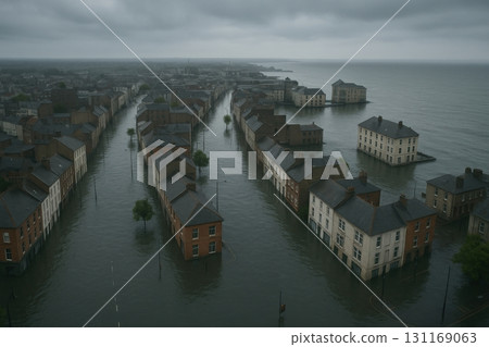 Flooded streets and submerged homes highlight the impact of severe weather in an urban area during a stormy day 131169063