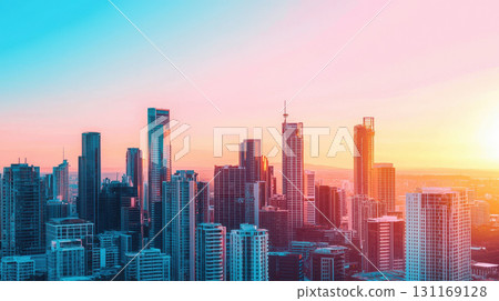 vibrant cityscape at sunset, showcasing modern skyscrapers and urban architecture. colorful sky transitions from blue to pink, creating stunning backdrop vibrant cityscape at sunset, showcasing modern skyscrapers and urban architecture. colorful sky transitions from blue to pink, creating stunning backdrop 131169128