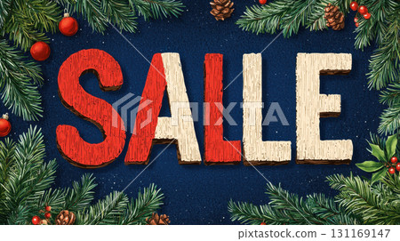 Festive sale banner featuring bold letters surrounded by pine branches, red berries, and pine cones, creating cheerful holiday atmosphere 131169147