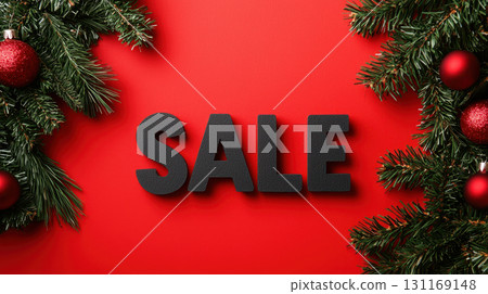 Sale sign surrounded by festive greenery and ornaments on red background, perfect for holiday promotions and celebrations 131169148