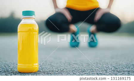 runner stretching with sports drink bottle in focus, showcasing hydration and fitness. vibrant yellow drink contrasts with background 131169175