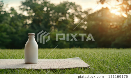 white glass bottle sits on woven mat in serene outdoor setting, surrounded by lush greenery and bathed in warm sunlight 131169176