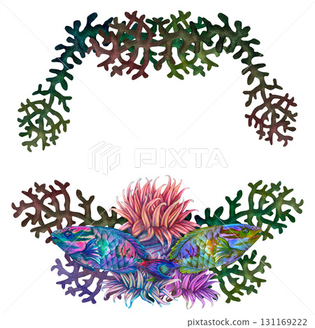 Neon tropical parrotfish, colorful corals, anemones. Multicolored frame border with an underwater landscape. Watercolor template for nautical design, cards, tableware, stickers, scrapbook, textiles Neon tropical parrotfish, colorful corals, anemones. Multicolored frame border with an underwater landscape. Watercolor template for nautical design, cards, tableware, stickers, scrapbook, textiles 131169222